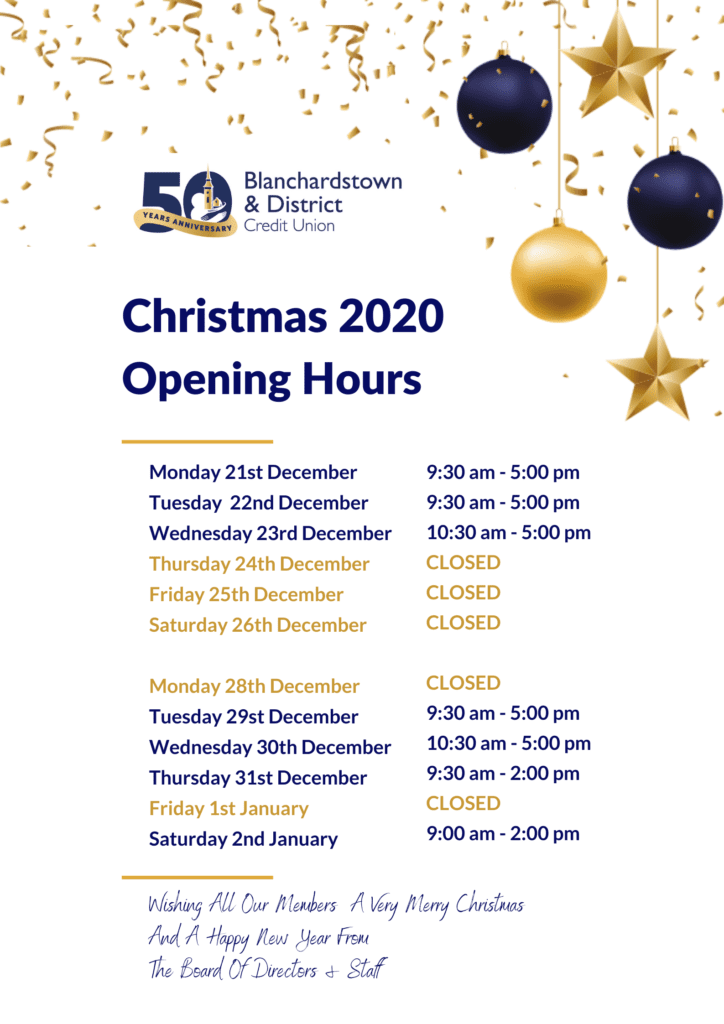 Christmas 2020 Opening Hours — Blanchardstown Credit Union